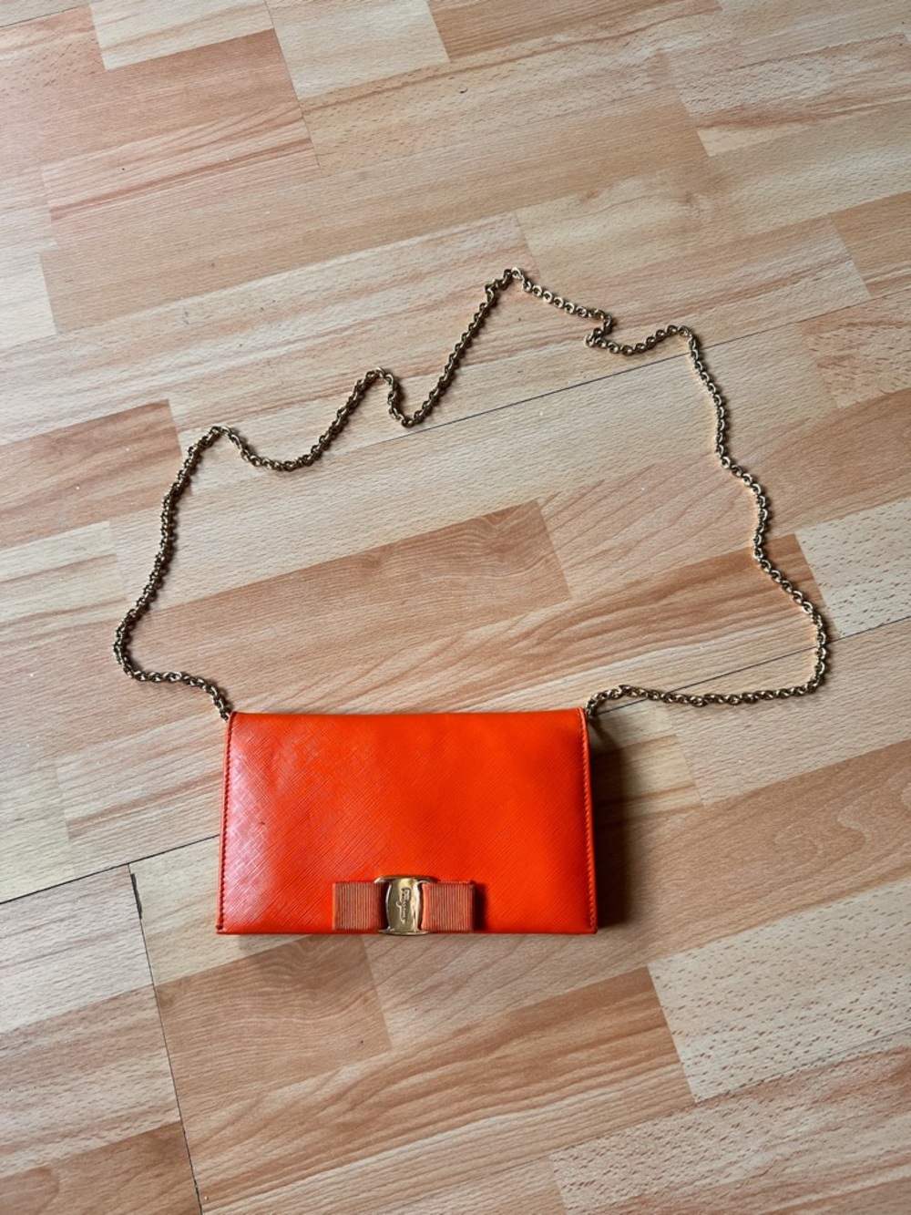 Salvatore Ferragamo Orange Leather Crossbody Wallet with Gold Chain